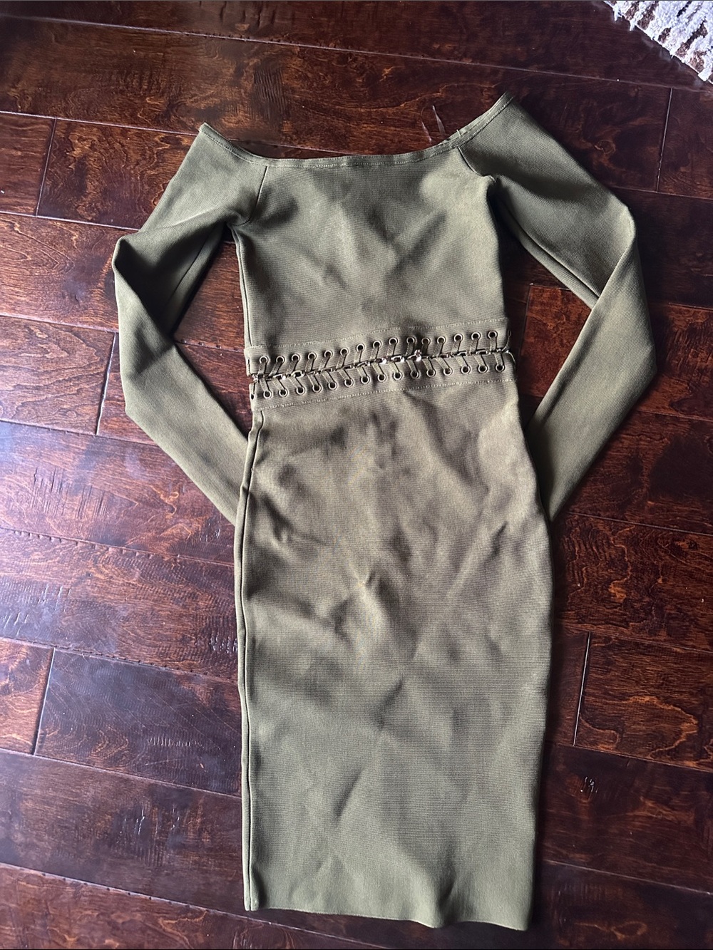 House of CB Olive Lace-Up Waist Long Sleeve Bandage Dress